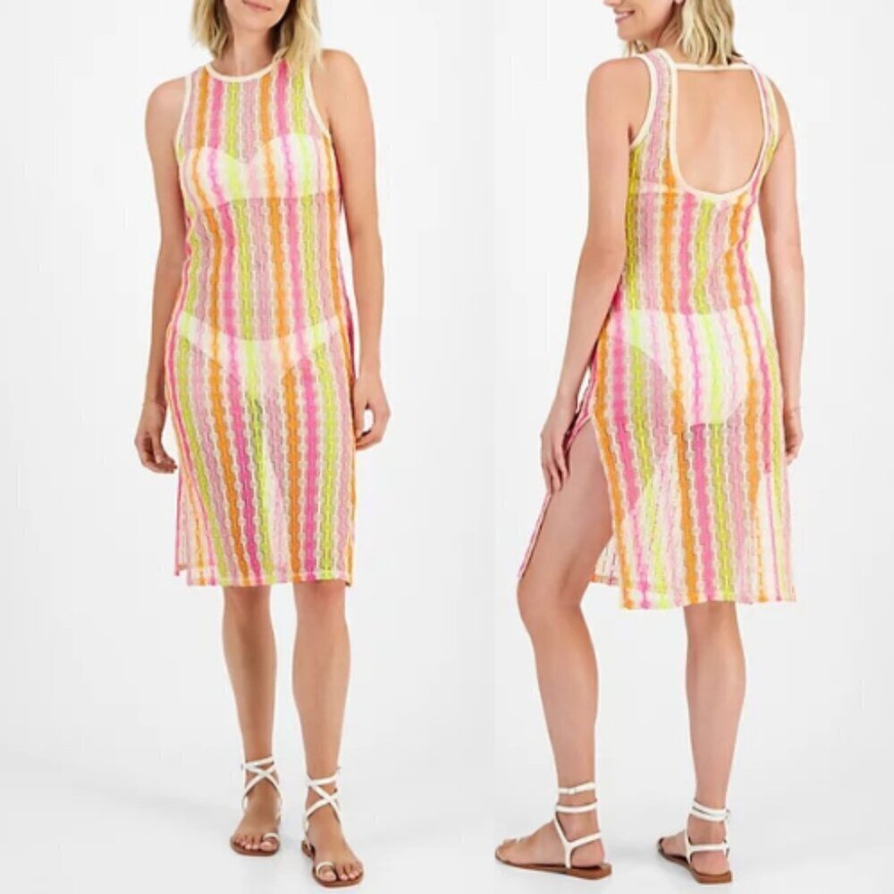 Miken Women's Multicolor Open Knit neon  Sleeveless Cover Up Dress Size Medium